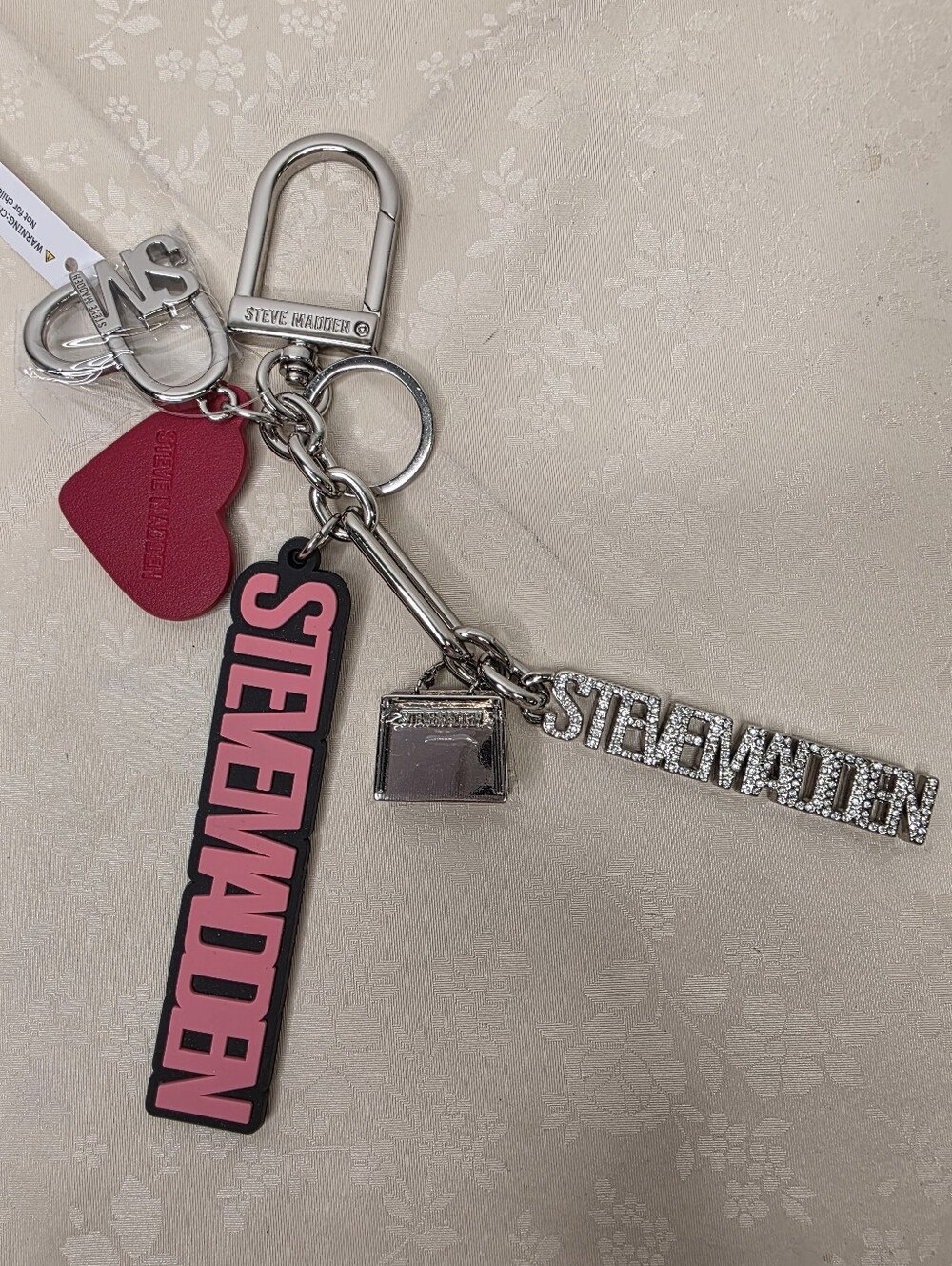Steve Madden Multi-Charm Bag Clip Keychain | Rhinestone & Pink Logo NEW